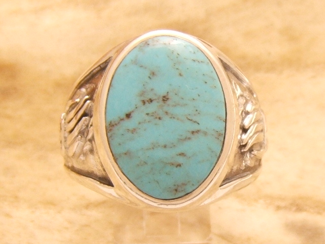 Native American Sterling Silver Spiral and Feather Design with Turquoise Ring - Size 9.75, - by Diné (Navajo) Artist Percy Spencer